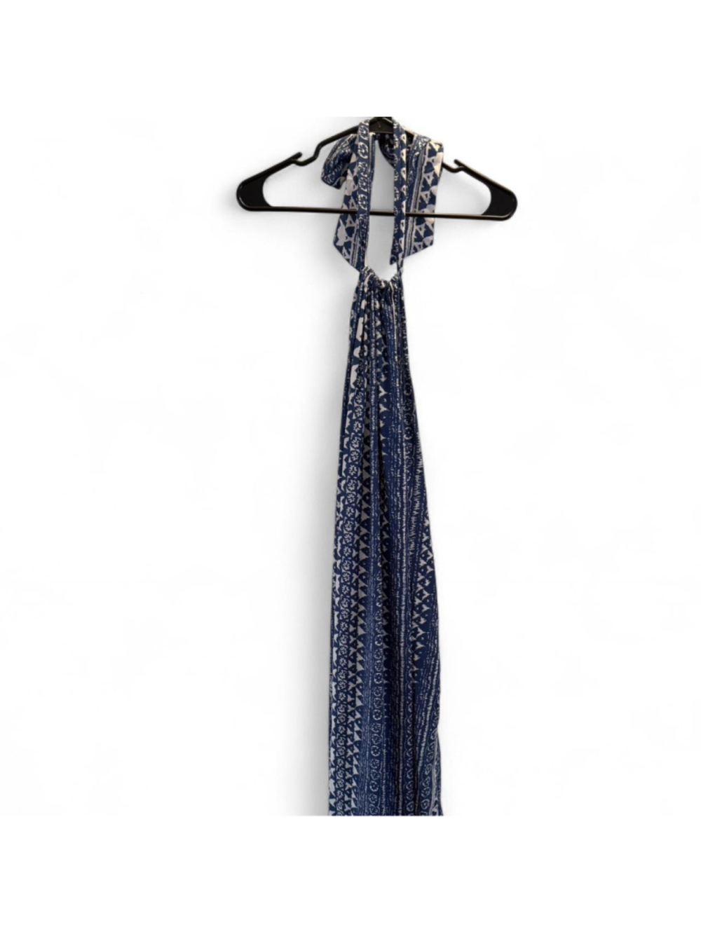 Elan navy and white patterned maxi dress with tie neck detail and open back
